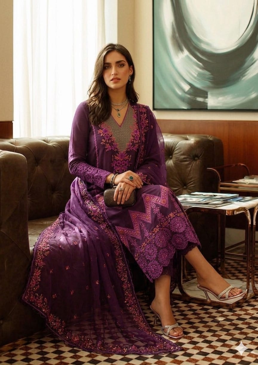 B.CHIKANKARI EMBROIDED 3PC SUIT